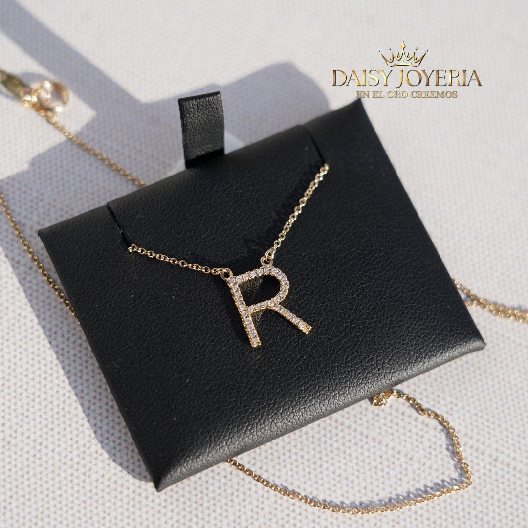 R initial pendant necklace, 0.08CT Diamond, 14k