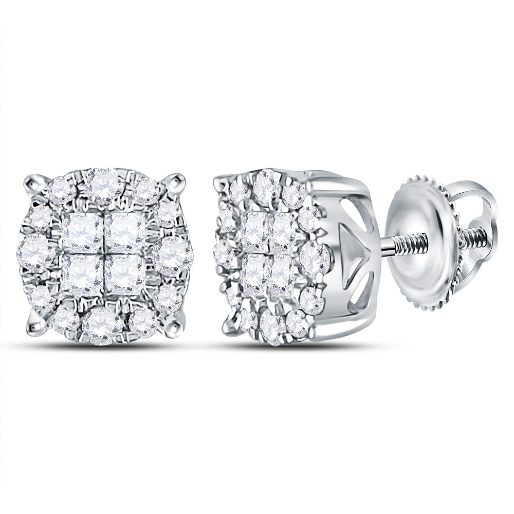 14kt White Gold Womens Princess Diamond Fashion Cluster Earrings 1/2 Cttw Daisy Joyeria