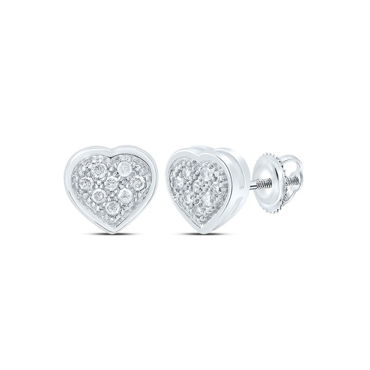 10kt White Gold Womens Round Diamond Heart Cluster Screwback Earrings 1/20 Cttw Daisy Joyeria