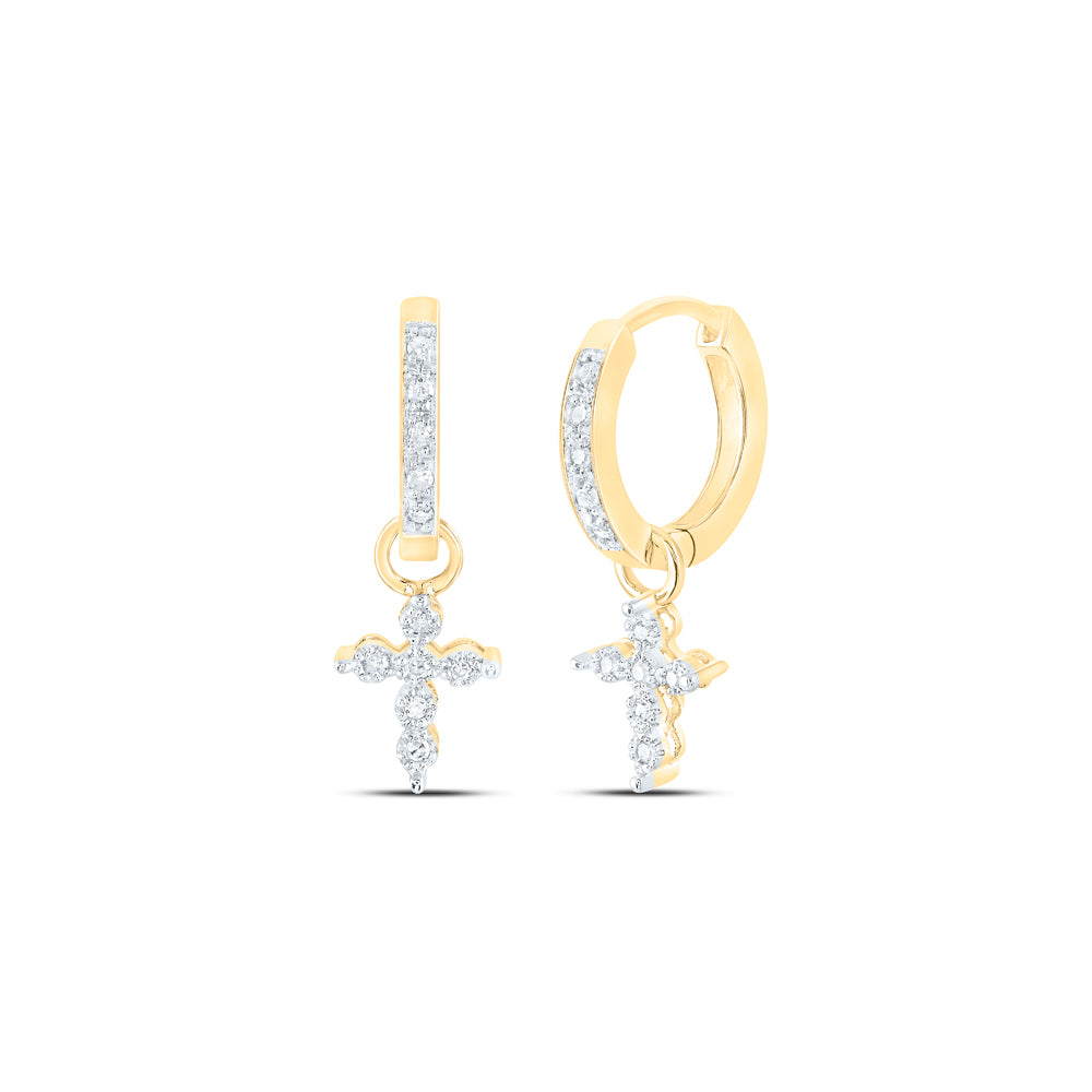 10kt Yellow Gold Womens Round Diamond Cross Dangle Hoop Earrings 1/10 Cttw Daisy Joyeria