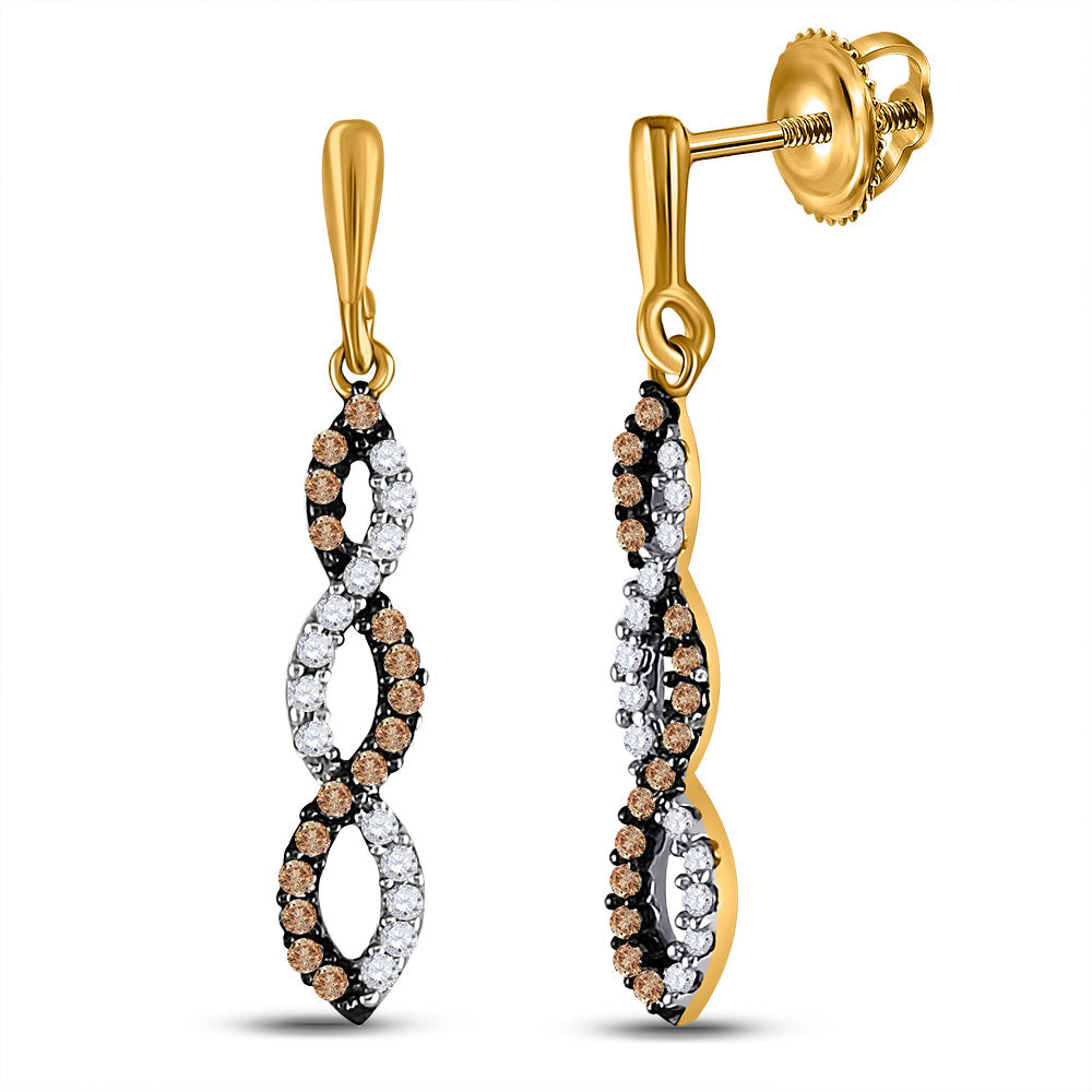 10kt Yellow Gold Womens Round Brown Diamond Dangle Earrings 1/5 Cttw Daisy Joyeria