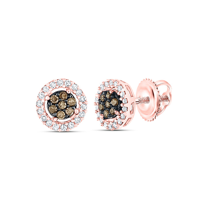 10kt Rose Gold Womens Round Brown Diamond Flower Cluster Earrings 1/4 Cttw Daisy Joyeria