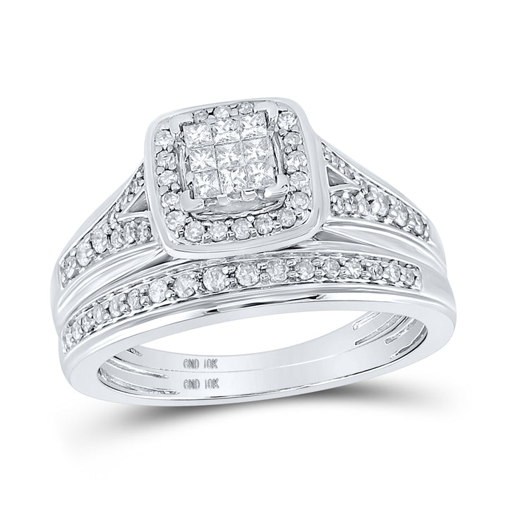 10kt White Gold His Hers Princess Diamond Cushion Matching Bridal Wedding Ring Band Set 3/4 Cttw 7 Daisy Joyeria