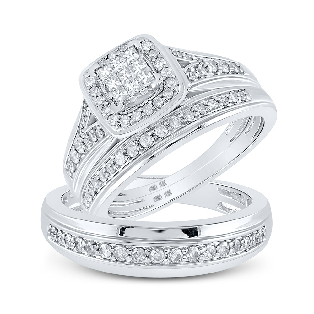 10kt White Gold His Hers Princess Diamond Cushion Matching Bridal Wedding Ring Band Set 3/4 Cttw 7 Daisy Joyeria
