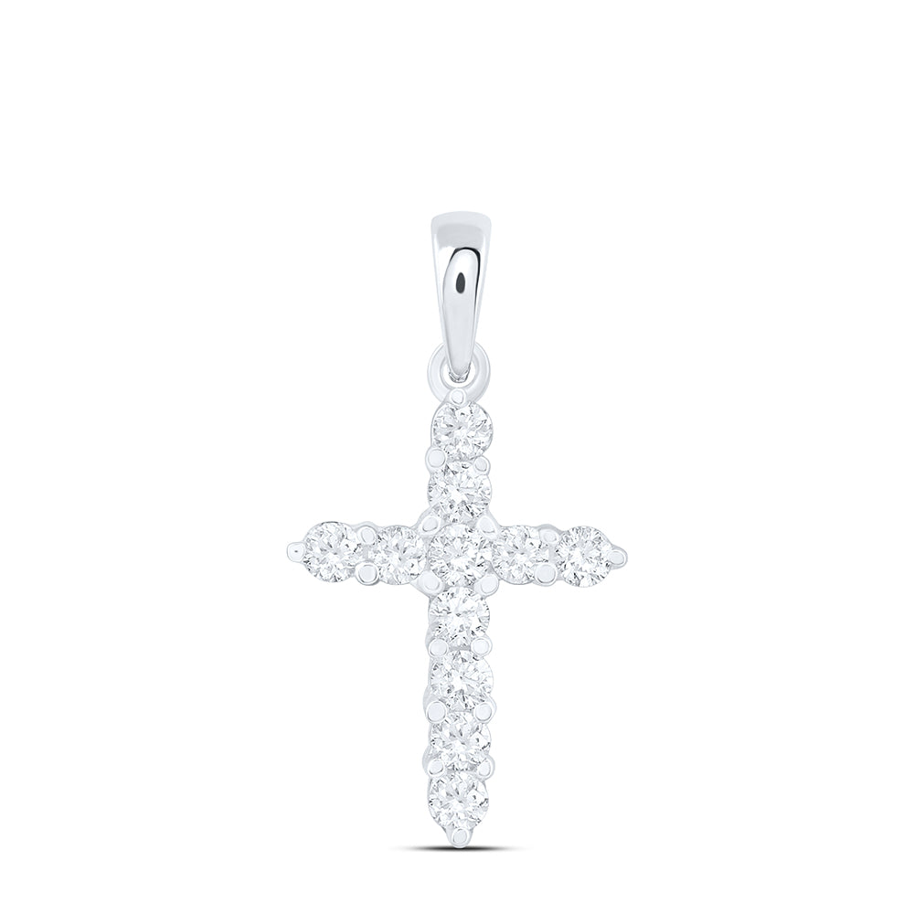 14kt White Gold Womens Round Diamond Cross Religious Pendant 1/4 Cttw Daisy Joyeria