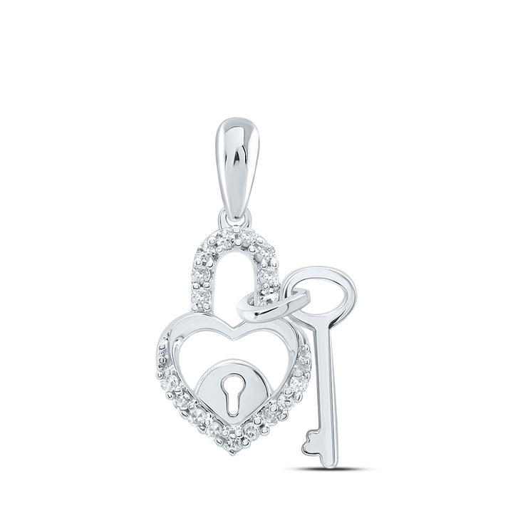 10kt White Gold Womens Round Diamond Heart Lock Key Dangle Pendant 1/10 Cttw Daisy Joyeria
