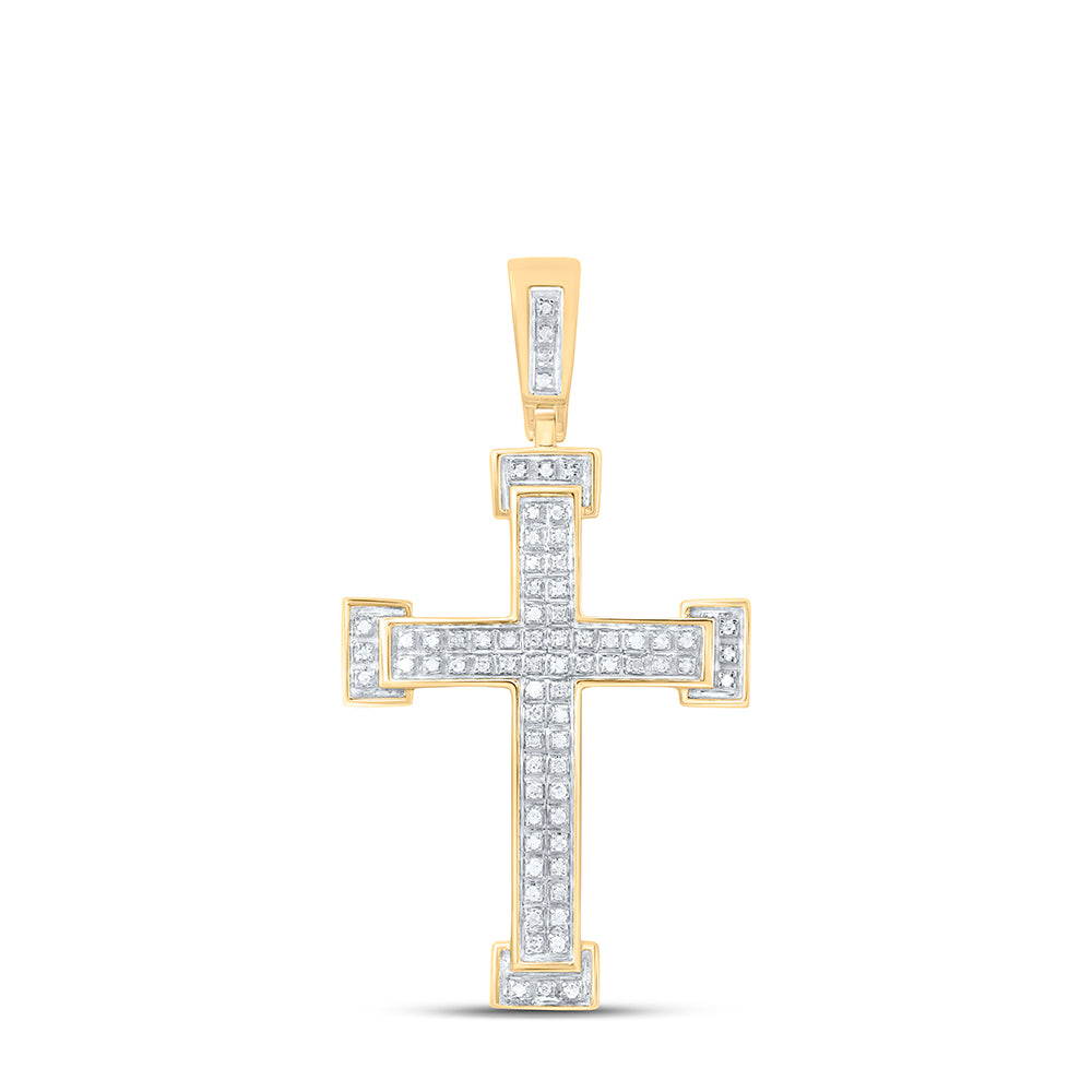 10kt Yellow Gold Mens Round Diamond Roman Cross Religious Charm Pendant 1/5 Cttw Daisy Joyeria