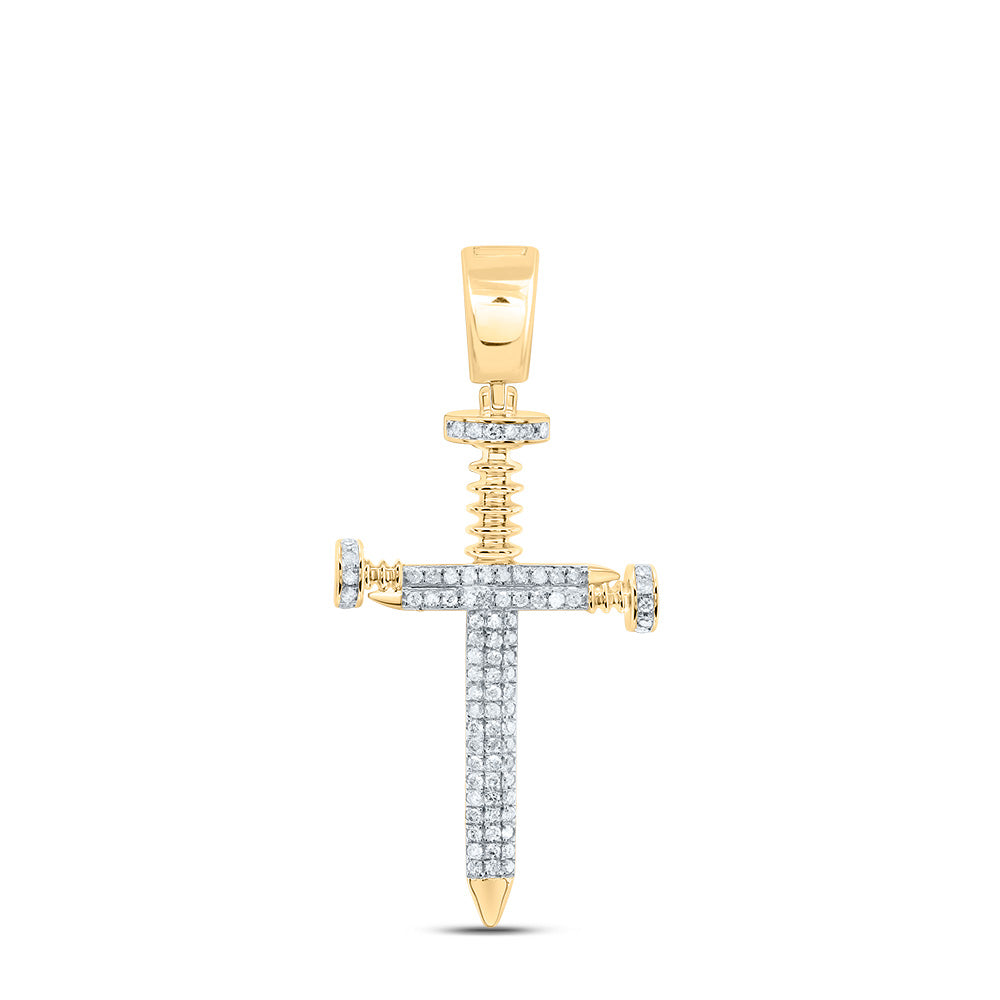 10kt Yellow Gold Mens Round Diamond Cross Religious Charm Pendant 3/8 Cttw Daisy Joyeria