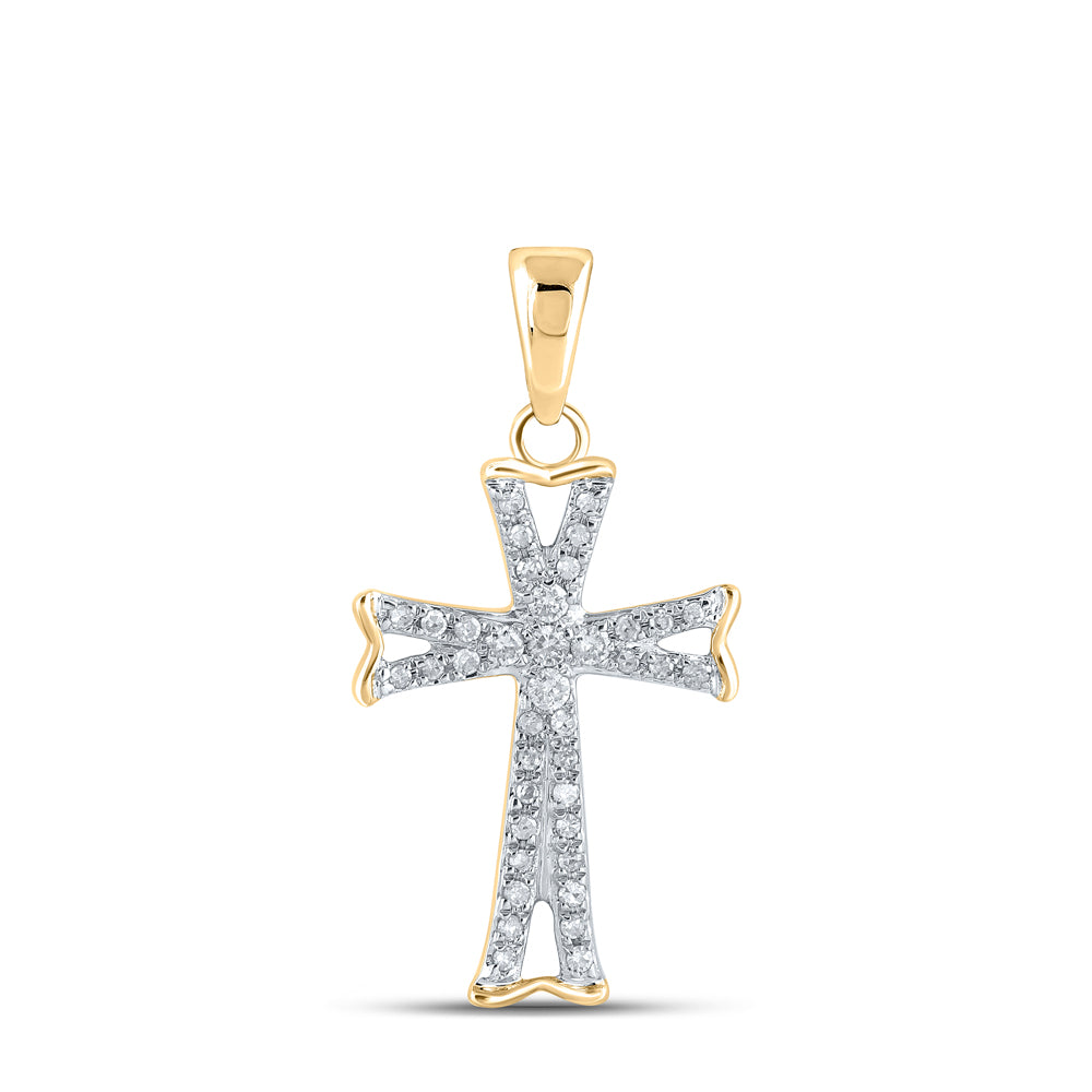 14kt Yellow Gold Womens Round Diamond Flared Cross Faith Pendant 1/8 Cttw Daisy Joyeria