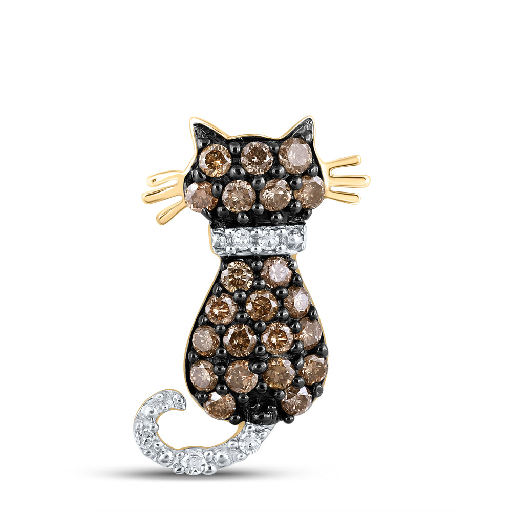 10k Yellow Gold Brown Diamond Kitty Cat Womens Pendant 1/3 Cttw Daisy Joyeria