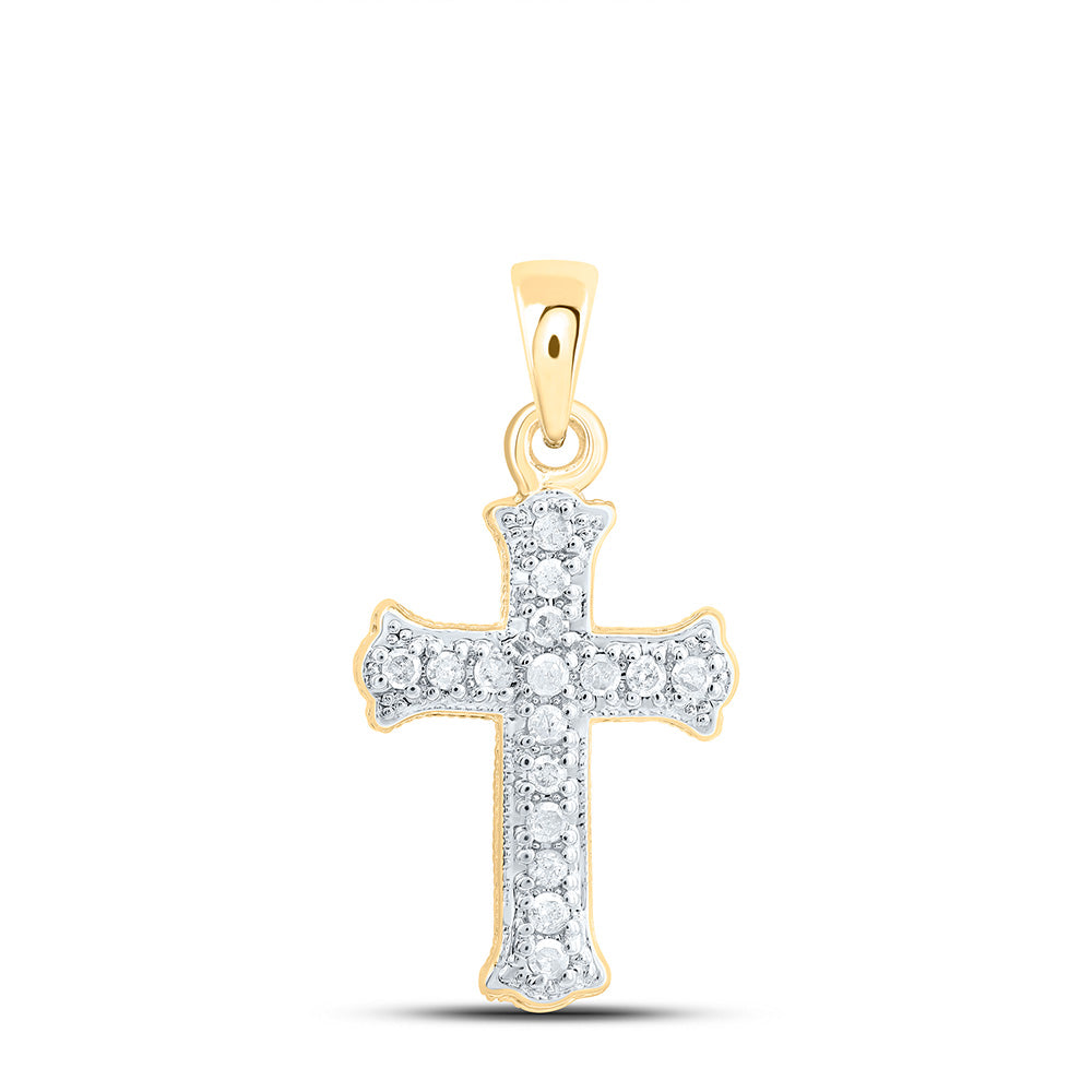 10kt Yellow Gold Womens Round Diamond Small Scalloped Cross Religious Pendant 1/12 Cttw Daisy Joyeria