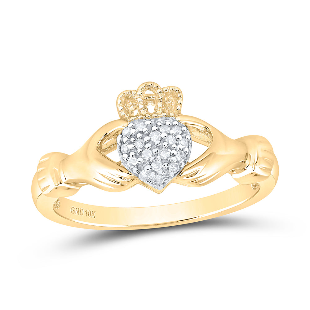 10kt Yellow Gold Womens Round Diamond Claddagh Hands & Heart Cluster Ring 1/20 Cttw 7 Daisy Joyeria