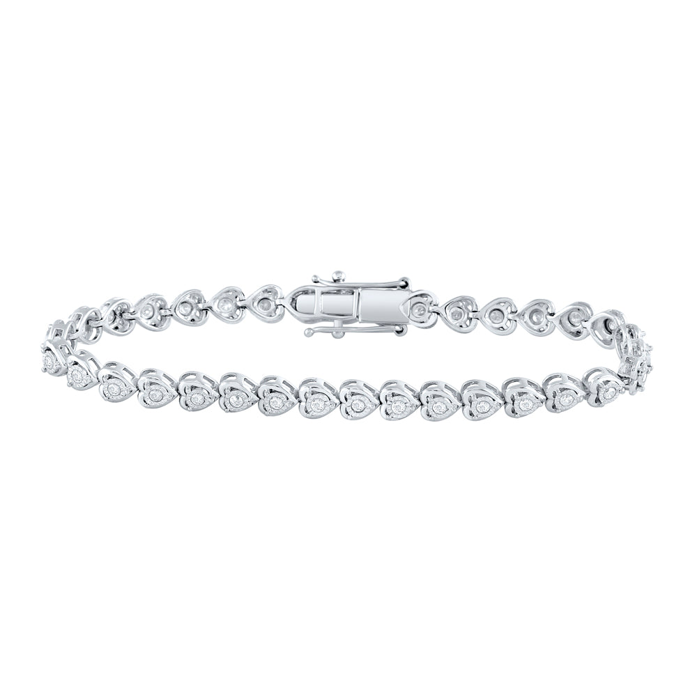 Sterling Silver Womens Round Diamond Heart Tennis Bracelet 1.00 Cttw Daisy Joyeria