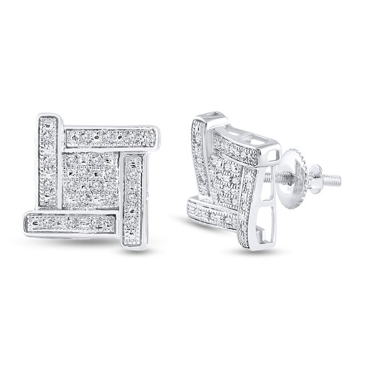 Sterling Silver Mens Round Diamond Square Cluster Stud Earrings 1/8 Cttw Daisy Joyeria