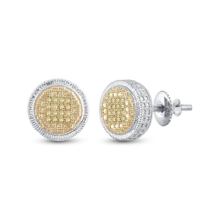 Sterling Silver Mens Round Yellow Color Enhanced Diamond Disk Circle Earrings 1/10 Cttw Daisy Joyeria