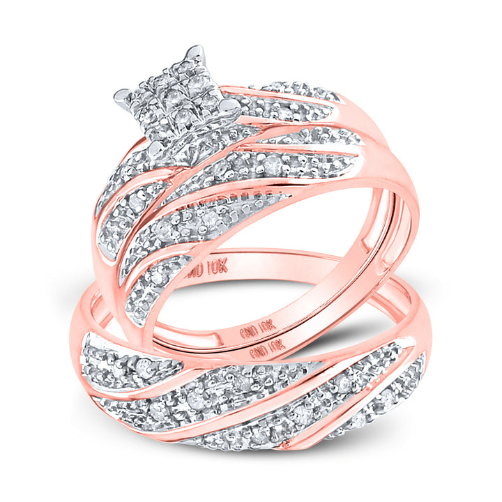 10kt Rose Gold His Hers Round Diamond Cluster Matching Bridal Wedding Ring Band Set 1/3 Cttw 7 Daisy Joyeria