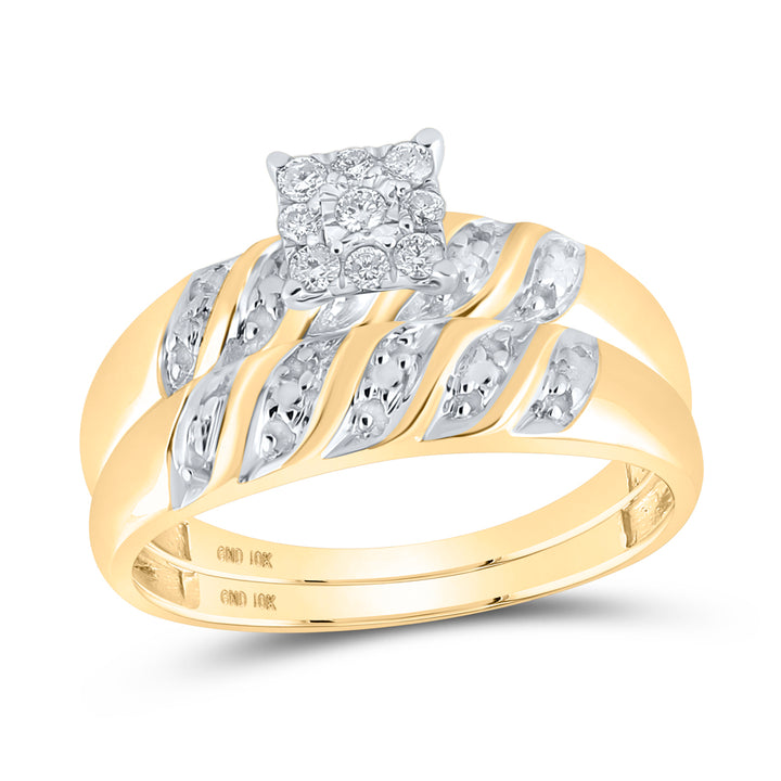 10kt Yellow Gold His Hers Round Diamond Cluster Matching Bridal Wedding Ring Band Set 1/8 Cttw 7 Daisy Joyeria