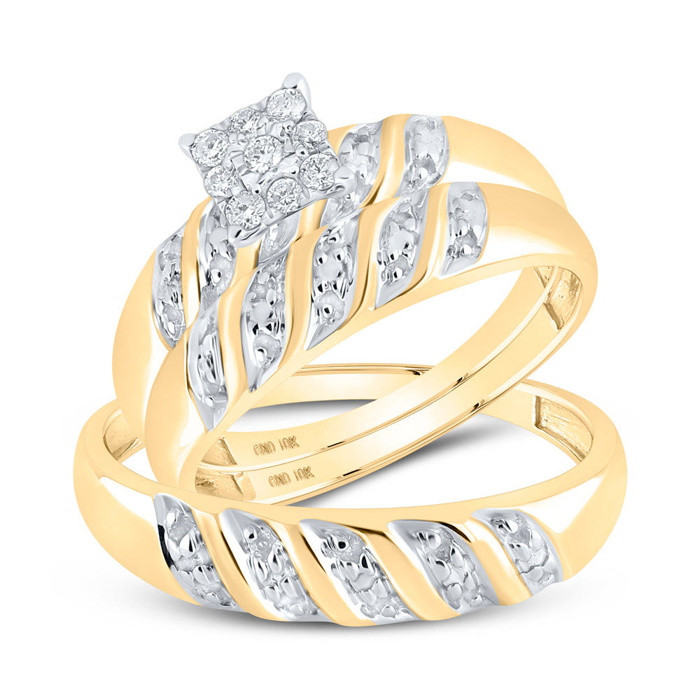 10kt Yellow Gold His Hers Round Diamond Cluster Matching Bridal Wedding Ring Band Set 1/8 Cttw 7 Daisy Joyeria