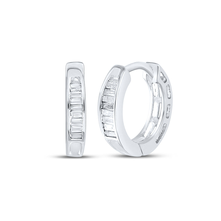 Sterling Silver Womens Baguette Diamond Huggie Earrings 1/8 Cttw Daisy Joyeria