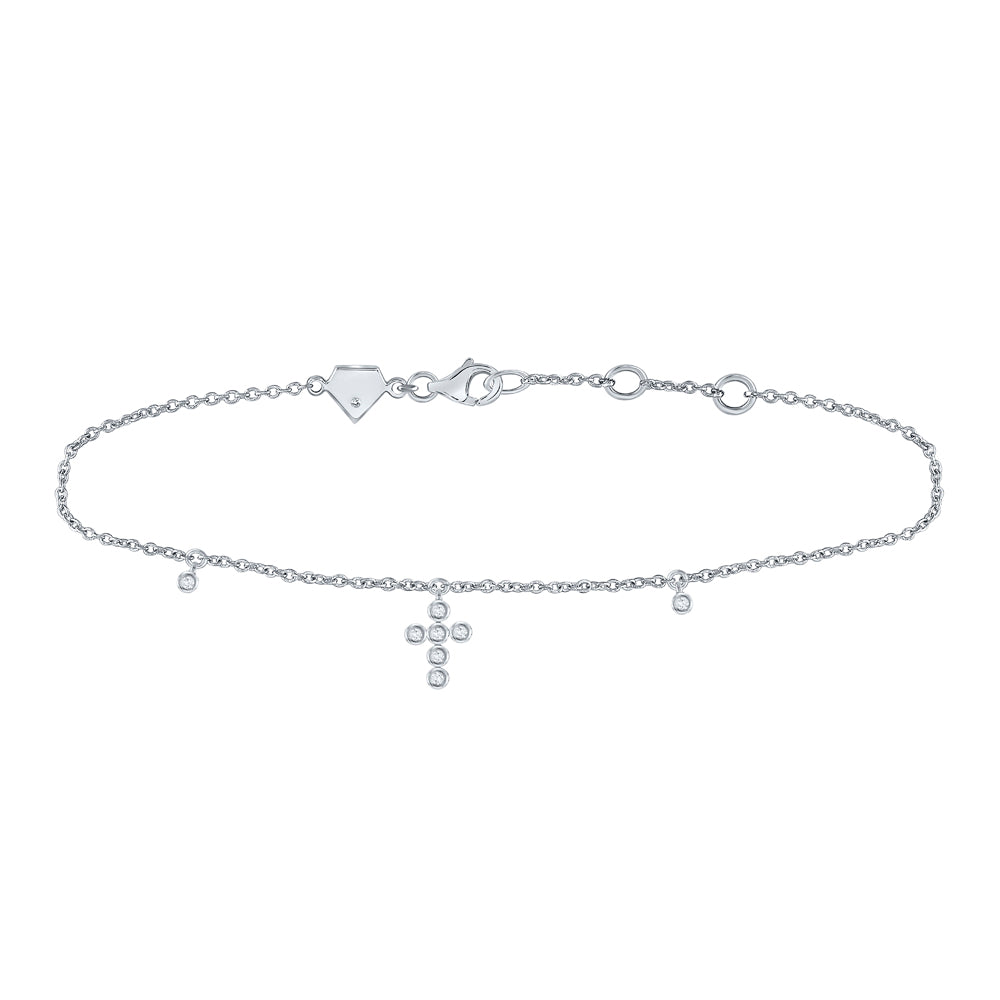 Sterling Silver Womens Round Diamond Dangle Cross Bracelet 1/10 Cttw Daisy Joyeria