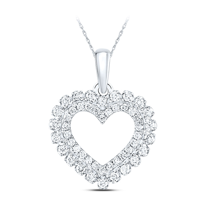 14kt White Gold Womens Round Diamond Double Outline Heart Pendant 3/8 Cttw Daisy Joyeria