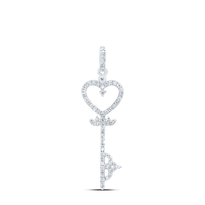 10kt White Gold Womens Round Diamond Key Heart Pendant 1/5 Cttw Daisy Joyeria