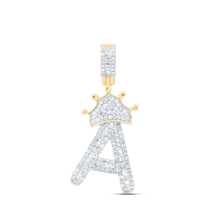 10kt Yellow Gold Mens Baguette Diamond Crown A Letter Charm Pendant 7/8 Cttw Daisy Joyeria
