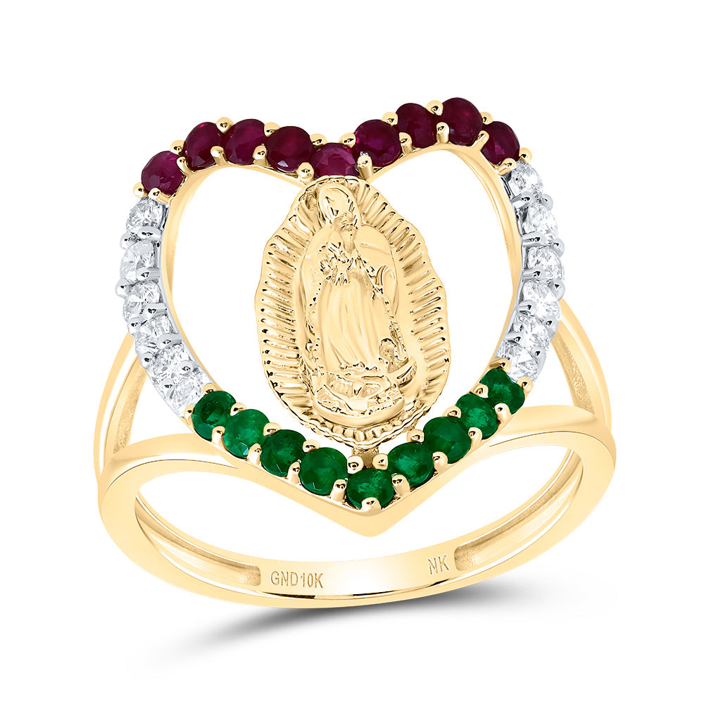 1/3CTW-DIA NK 1/5CT RD-RU,1/5CTW RD-EM NAT GEM VIRGIN MOTHER MARY HEART RING 7 Daisy Joyeria
