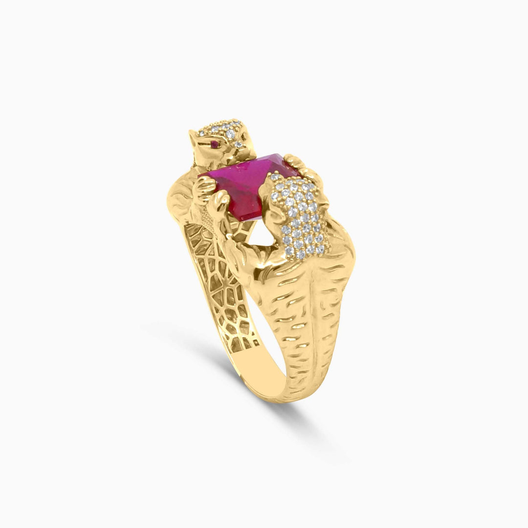 Anillo de Panteras en Oro 10K con Piedra Roja Pochy Jewelry