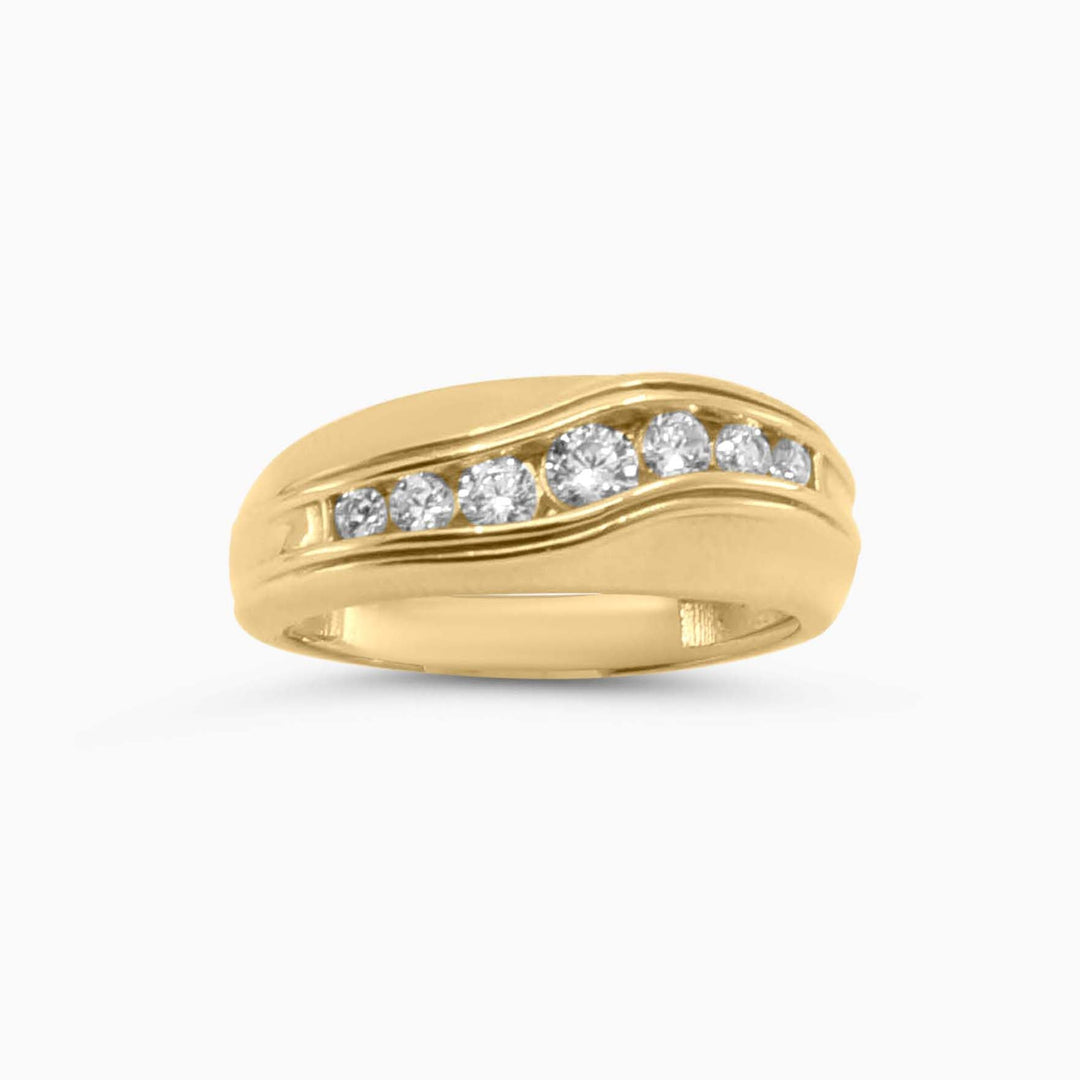 Anillo de Hombre 14K – Banda Ondulada con Piedras Claras Daisy Joyeria