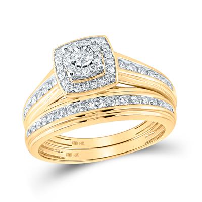 10k Yellow Gold Round Diamond Halo Matching Wedding Ring Set 7/8 Cttw Daisy Joyeria